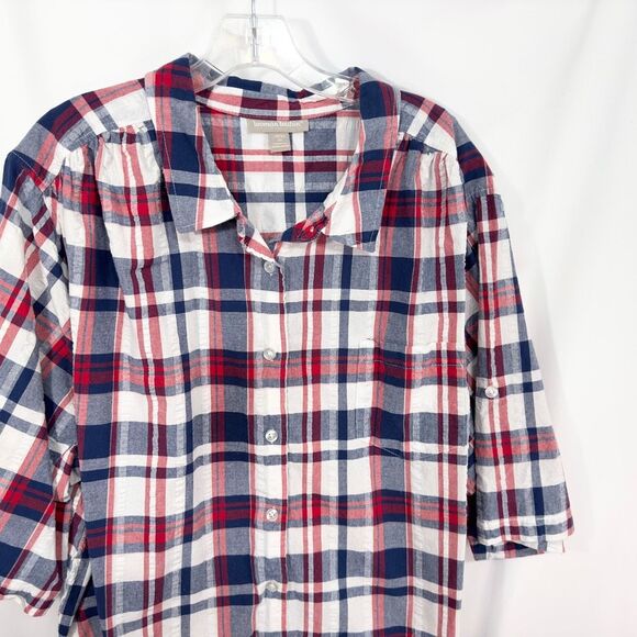 Woman Within Plus Size 3X Top 30W 32W Plaid Red Blue White Cotton Button Up 1578 - Picture 4 of 7